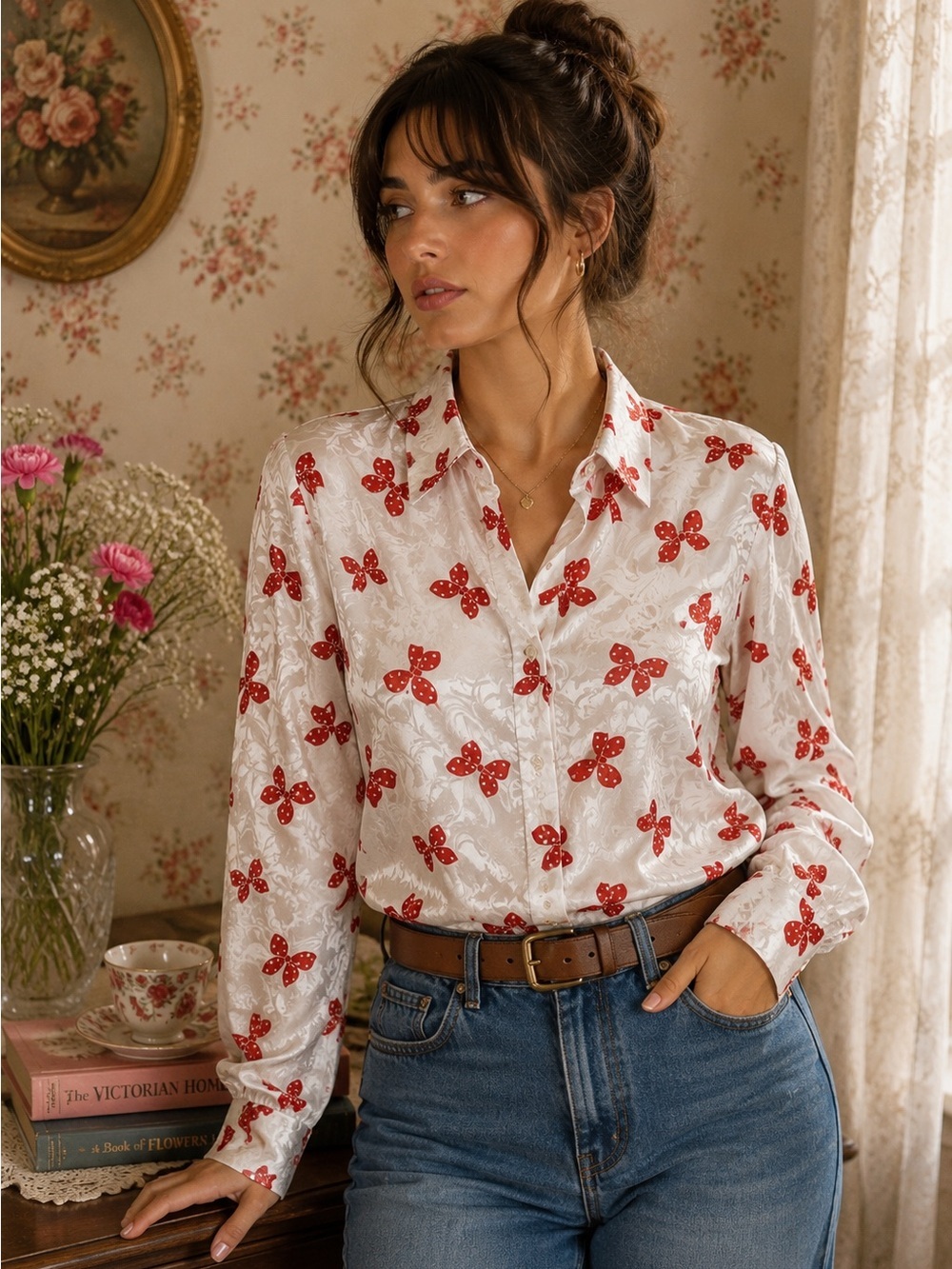Investments 80s Vintage Red Bow Patterned Polkadot Printed Long Sleeve Blouse
